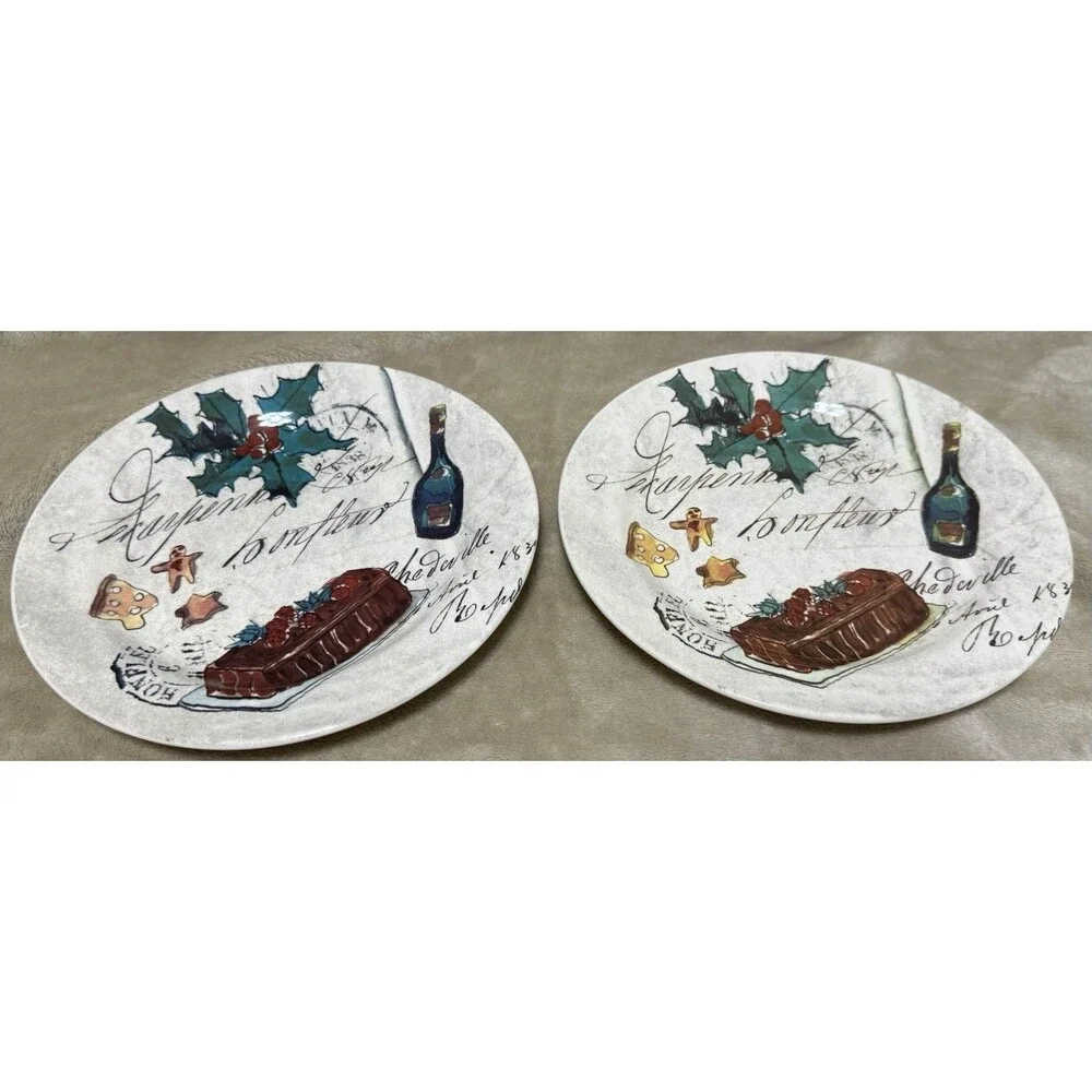 Set Of 2 Matching Williams Sonoma Holiday Christmas 8 3/4” Plates Fruitcake Wine